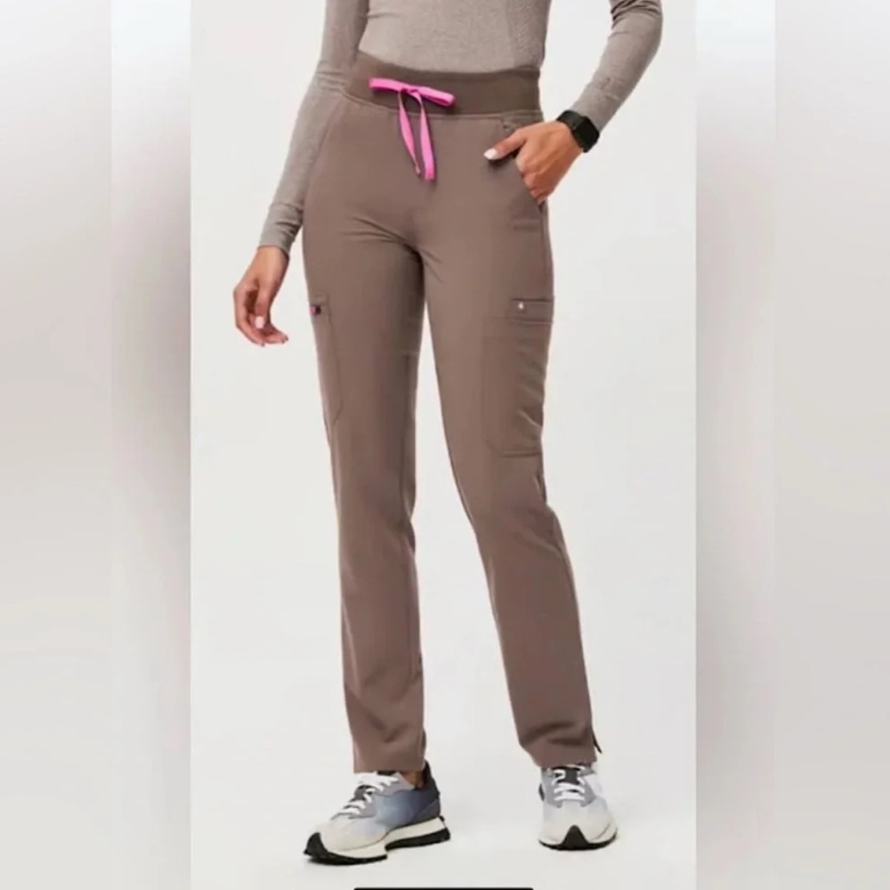 Figs Women's Pants in Yola High waisted in Smokey Taupe with Pink Accents